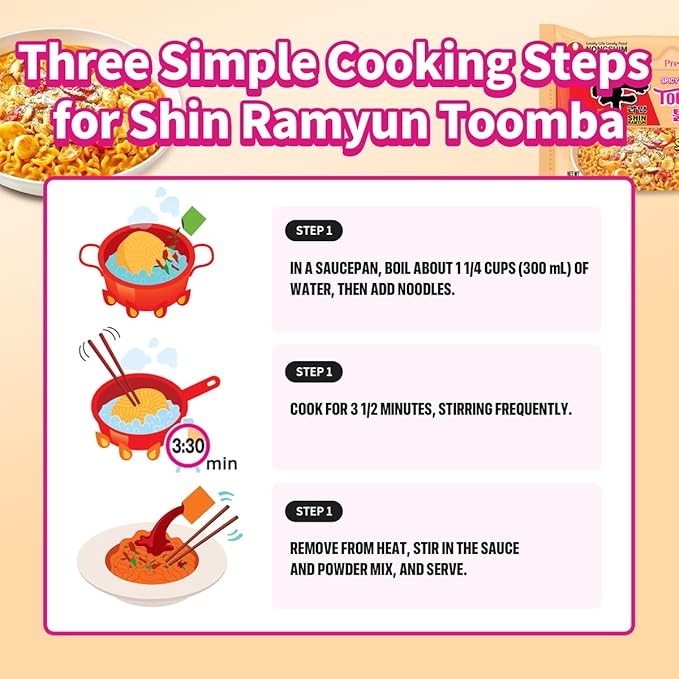 Nongshim Shin Ramyun Toomba Noodles, Creamy Korean Mac and Cheese Style Noodles, Gentle Kick of Spice, Korean Stir Fry Style Instant Noodles, 4.83 oz (Pack of 4), Packaging May Vary.