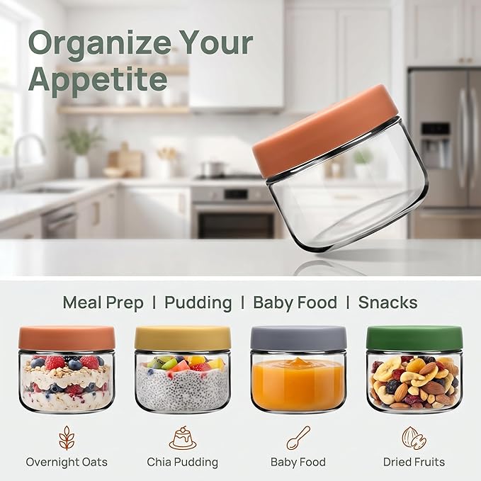EONJOE 8oz Glass Jars with Lids 1 Cup Small Food Containers for Chia Pudding Jam Snacks Yogurt Overnight Oats Candy,6-Pack