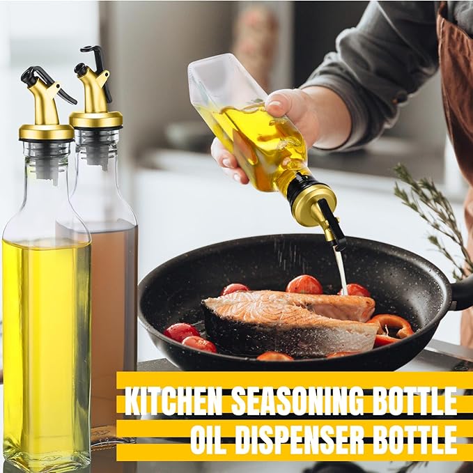 Hushee 12 Pcs Clear Glass Olive Oil Dispenser Bottles Sets Include 8oz Glass Bottle with Spout Oil Vinegar Cruet Container for Kitchen Stainless Steel Funnel Black Labels with White Pen(Gold)
