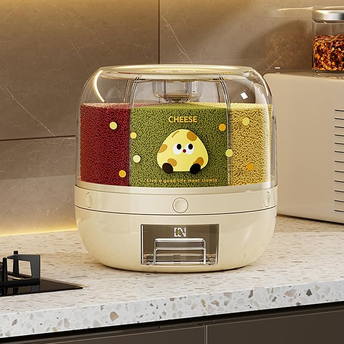 UFORU Rice Dispenser | 360° Rotating Grain Storage Bin - 6 Grids, 20LBS Large Capacity Food Container, Moisture-Proof, One-Click Output for Rice, Beans & Pet Food (Decorative Print)