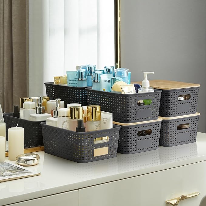 Bagnizer Small Plastic Storage Bins with Bamboo Lids 5.2qt Stackable Box Basket Pantry Decorative Containers Cute with Label for Organizing Desktop Closet Office Gray of 6 packs 10 * 7.2 * 4.1"