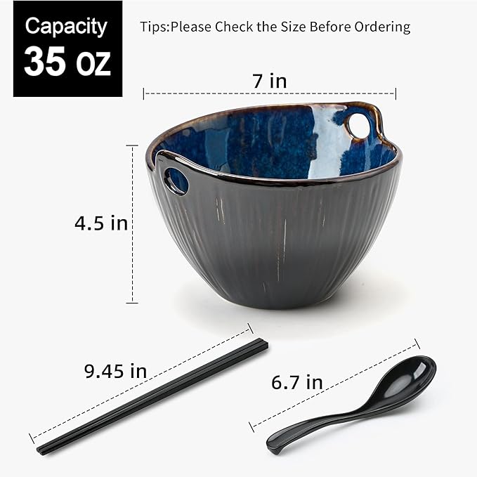 Ramen Bowl with Chopsticks and Spoons Set, 7 Inch Ceramic Noodle Bowl Set of 2, Dishwasher Safe for Pho Udon Soba Noodle Salad Pasta, Special Reactive Blue Bowls Set, Midnight Tide