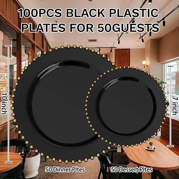 supernal 100pcs Black and Gold Plastic Plates,Black Disposable Plates,Halloween Party Supplies Including 50 Dinner Plate and 50 Disposable Dessert Plate,Heavy Duty Plastic Platos for Halloween,Party
