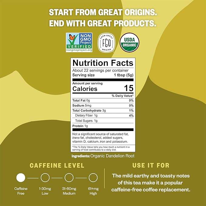 FGO Organic Dandelion Root, Cut and Sifted Loose Tea, 4 Ounce Resealable Bag, Packaging May Vary (Pack of 1)