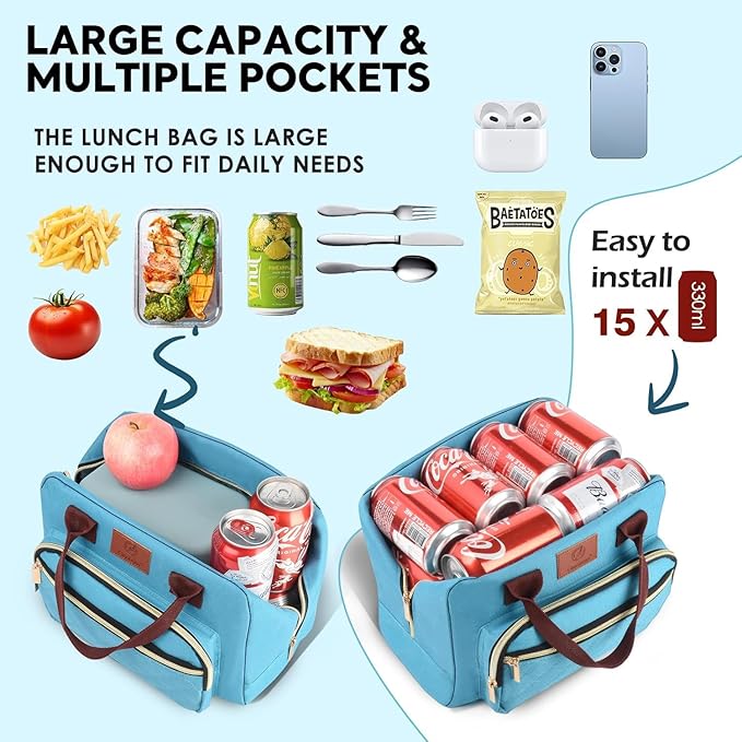 Genteen Lunch Bag for Women,Insulated Adult Lunch Boxes for Women, Reusable Cute Lunch Bags for Work,High Capacity Tote Lunchbox Cooler for Girls Office Travel Picnic School-Teal