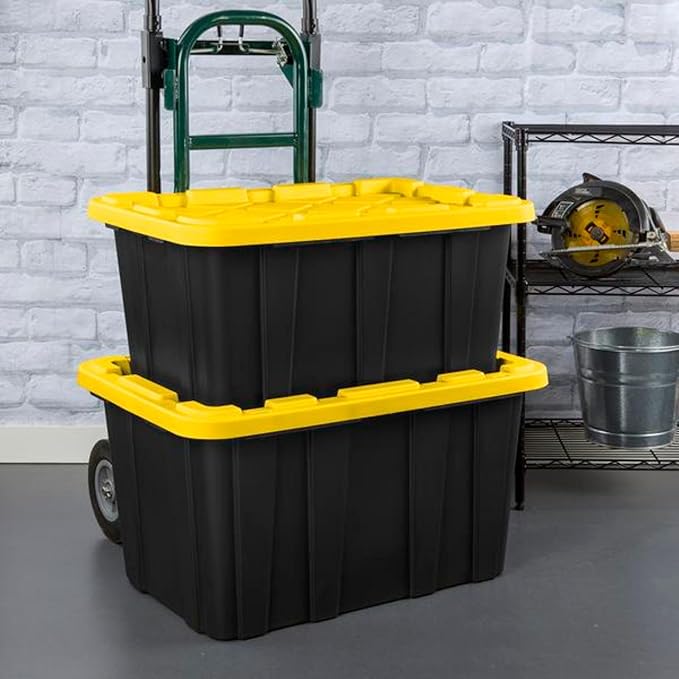 Sterilite 8-Pack 27 Gallon Industrial Storage Tote, Heavy-Duty Plastic Bins, Black/Yellow - Stackable Utility Organizers with Lids for Garage, Camping Tools, and Outdoor Gear