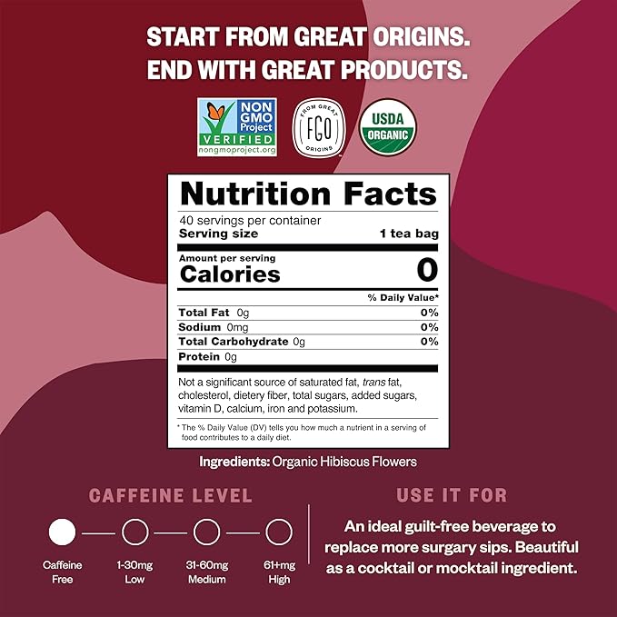 FGO Organic Hibiscus Herbal Tea, 40 Count, Eco-Conscious Tea Bags, Caffeine Free (Pack of 1)