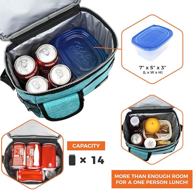 opux Insulated Lunch Box for Men Women Kids, Leakproof Reusable Lunch Bag Cooler for Work School Office, Soft Thermal Lunchbox Tote Shoulder Strap for Boys Girls Adults, Heather Sea Blue, 14 Can/8L