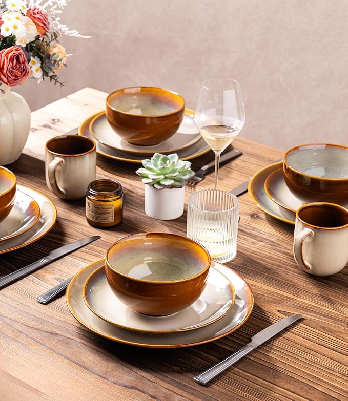 LERATIO Ceramic Dinner Plates Set of 6, 8.0 Inch Handmade Reactive Glaze Porcelain Plates, Coupe Shape Dinnerware Dishes Set for Kitchen,Oven& Microwave & Dishwasher Safe, Scratch Resistant-Kahki