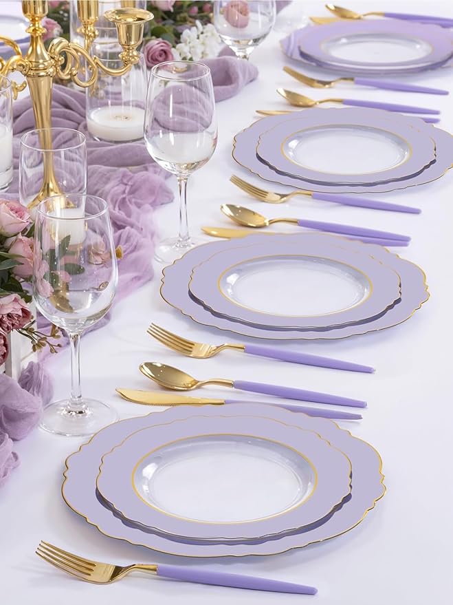WDF 60pcs Clear Purple Plates Disposable with Gold Rim - Baroque Lavender Purple Plastic Plates for Party/Wedding/Spring/Picnic