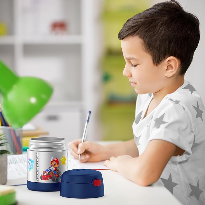 THERMOS FUNTAINER Insulated Food Jar, 10 Ounce, Kid Friendly Food Jar with Foldable Spoon, Mario Kart