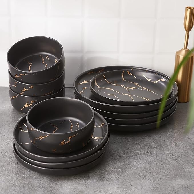 Pokini Black Gold Splash Dinnerware Sets, Marble Porcelain Plates and Bowls Sets, Modern Luxury Dish Set for 4, 12 Pieces Fine China Plates Set for Formal Dinners and Anniversaries