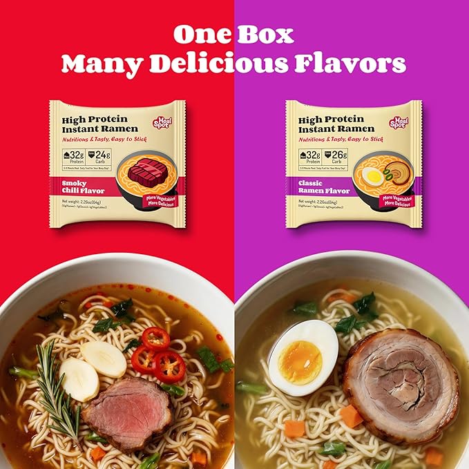 HealSpot High Protein Instant Ramen Variety Pack, 6 Pack Non Fried Ramen Broth, 32g Plant Based Protein, Low Fat, Low Carb, Non GMO, Keto Friendly & Plant Based (Smoky-Beef,Classic-Pork) | 50% Protein, Keto Friendly, Vegen Friendly, Healthy Quick Meal