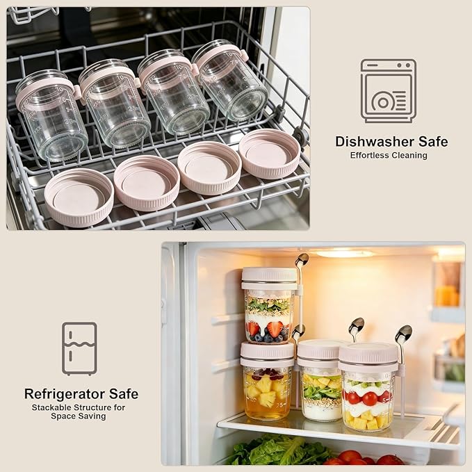 6 Pack Overnight Oats Containers with Lids and Spoon - 16 oz Glass Mason Jars with Separate Compartments Leakproof Chia Pudding Salad Yogurt Parfait Cups for Oatmeal Cereal Meal Prep (Beige)