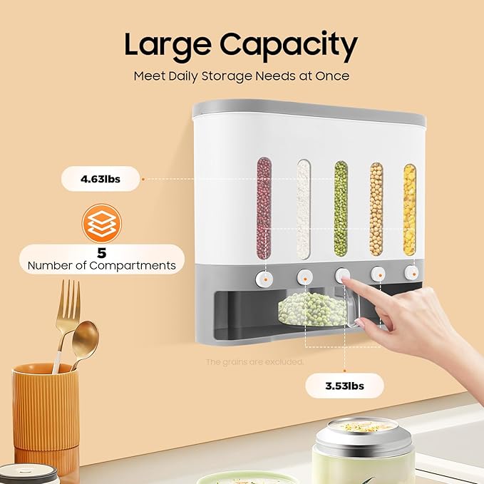 23 Pounds Dry Food Dispenser Wall Mount Dry Food Dispenser, 5 Grid Countertop Rice Coffee Bean Dispenser Wall Cereal Dispenser Storage Containers for Kitchen