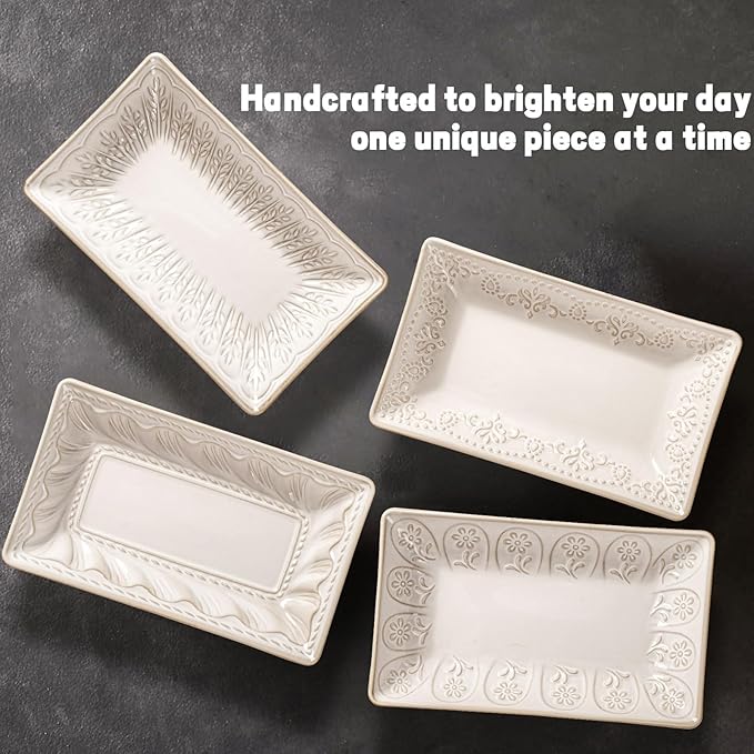 Artena 8.25" Ceramic Rectangle Plates Set of 4 - Deep Lipped Edges, Appetizer Salad Sushi Pasta Dessert Plates, Microwave/Oven Safe, Cute Kitchen Dinner Restaurant Serving Dishes (Multiple Patterns)