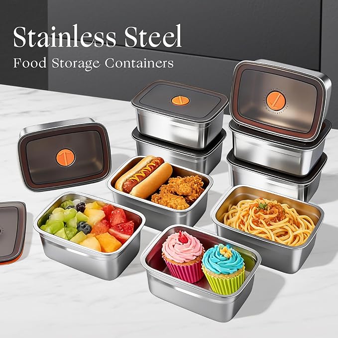 10 Pack Stainless Steel Food Storage Containers with Airtight Lids, 50 Oz Each - Stackable, Leakproof Kitchen/Freezer Meal Prep Containers (Dishwasher Safe)