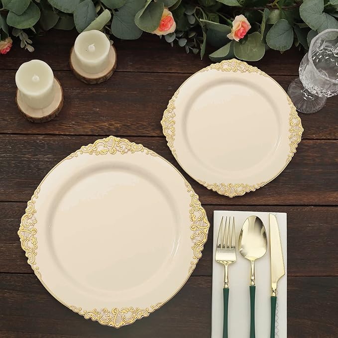 Efavormart 10 Pack | 10" Ivory and Gold Baroque Dinner Plates, Leaf Embossed Metallic Rim Heavy Duty Serving Plates for Traditional Holiday Banquets