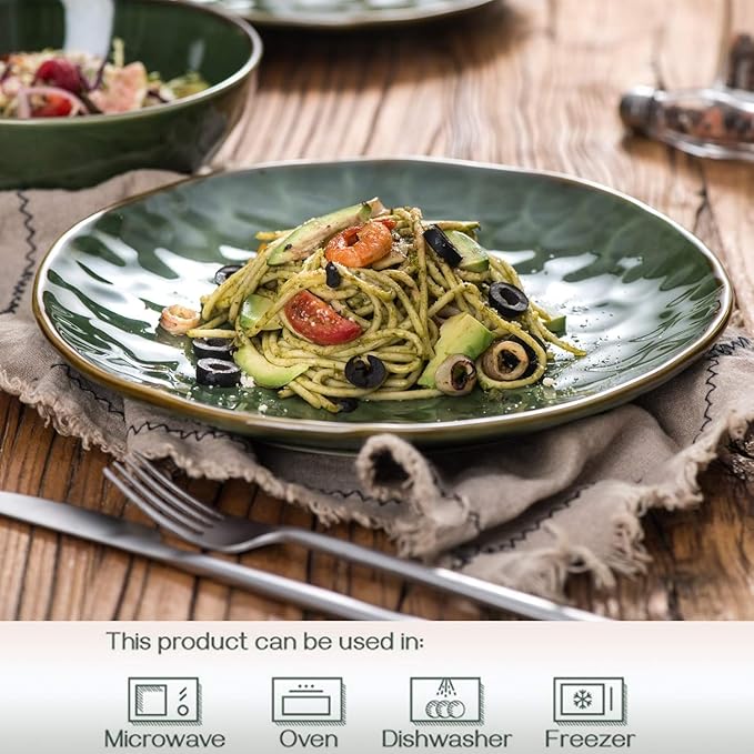 vicrays Ceramic Dinner Plates Set, 10.5 Inch, Set of 4, Round, Microwave, Oven, Dishwasher Safe, Porcelain Fluted Suitable for Steak, Pasta, Pizza, Home, Party, Restaurant (Green)