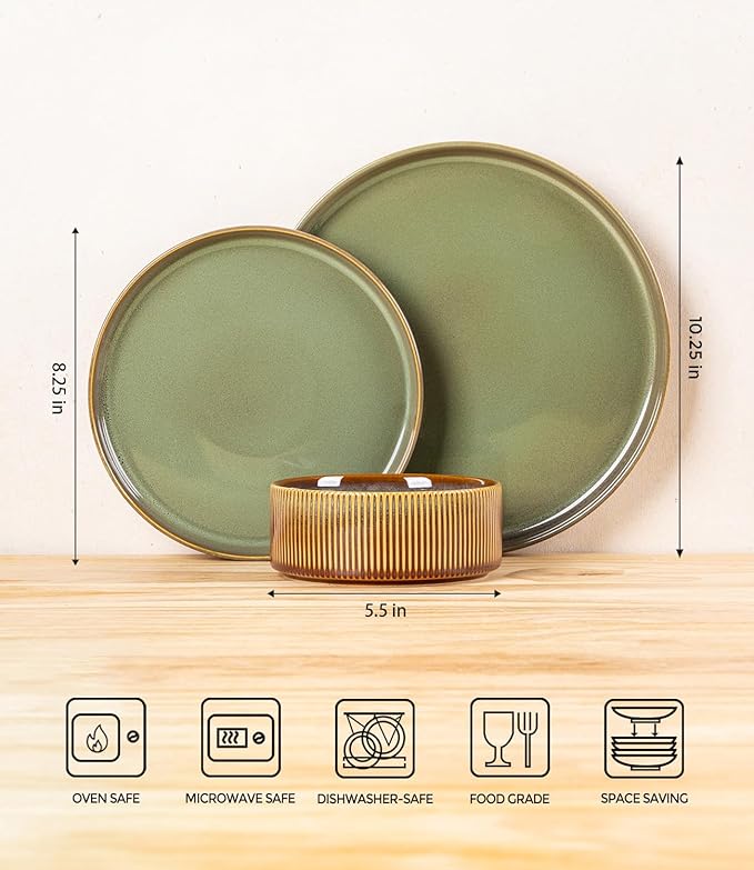 TheTerra Ceramic Dinnerware Sets for 4, 12 Pieces Porcelain Lightweight Plates and Bowls Sets, Scratch Resistant Dish Set, Oven & Microwave & Dishwasher Safe, Sage Umber