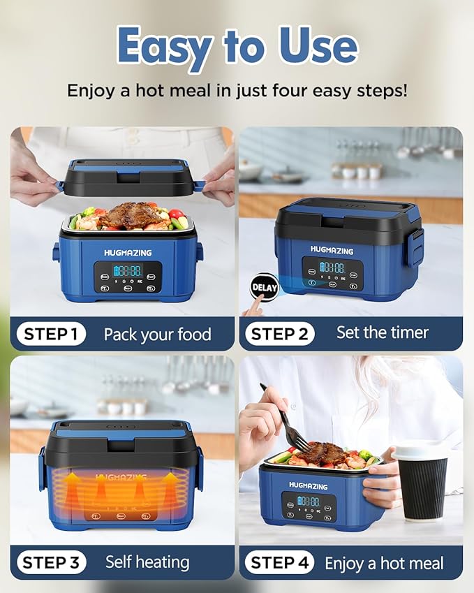 Hugmazing Cordless Electric Lunch Box for Adults, Men & Women – Rechargeable Self-Heating Food Warmer with 1.2L SS Container, Battery-Powered Heated Lunch Box, Perfect for Work and Travel Use