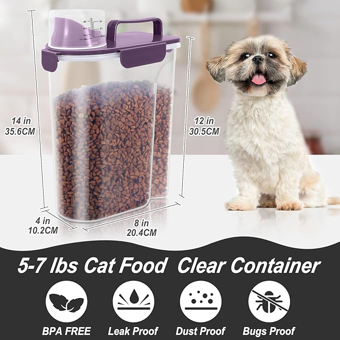 LEAWALK 5Lbs/6Qt Airtight Pet Storage Container Translucent Body, Upgraded Large Nozzle With Handle Design For Cat Dog Bird Food and for Small Animal Kibble, Oatmeal, Rice, Flour, Brown Sugart-Purple