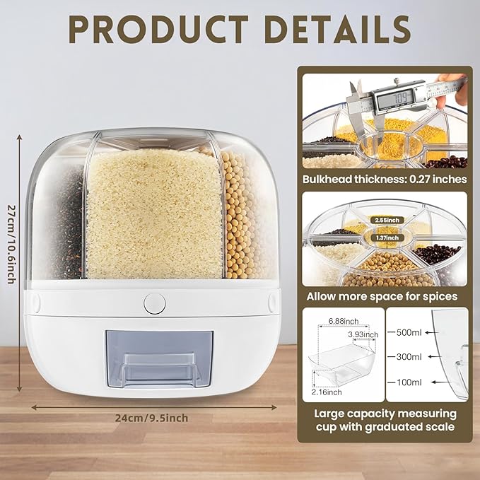 Grain Storage Container Dispenser, 6 Grids Rice Dispenser Rotating, 360° Rotating Food Dispenser One-Click Output Rice Storage Round Grain Dispenser Kitchen for Small Grains, Beans, Rice