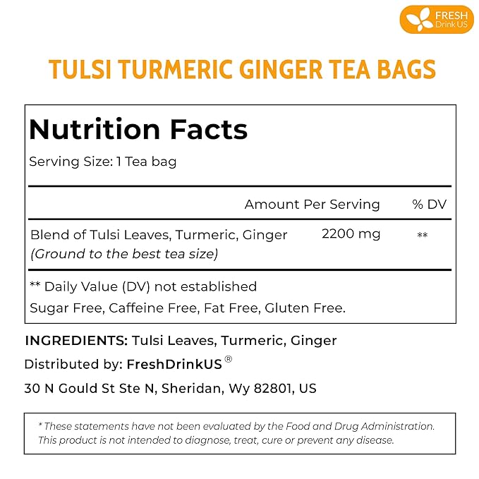 FreshDrinkUS, Premium 55 Tulsi Turmeric Ginger Tea Bags, 100% Natural & Pure from Tulsi Holy Basil Leaves, Turmeric and Ginger. Made with Natural Material Tea Bags. No Sugar, No Caffeine, Vegan.