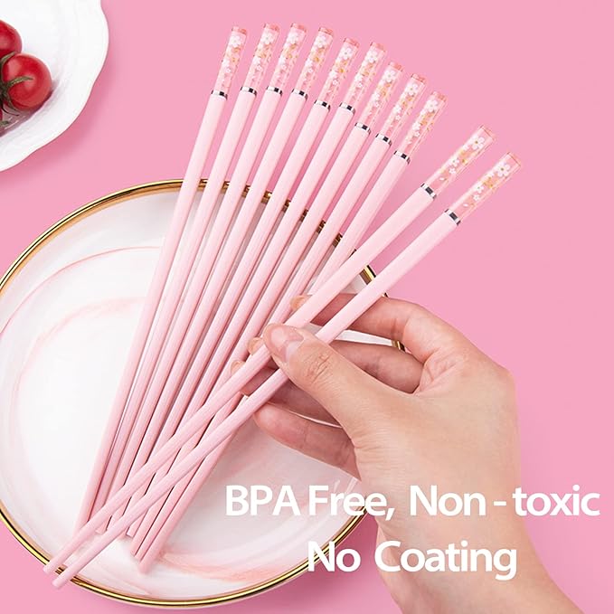 5 Pairs Fiberglass Chopsticks, Reusable Premium Japanese Chinese Korean Chopsticks Dishwasher Safe, Non-slip, Lightweight, 9.6 inches, Pink-Clear Sakura