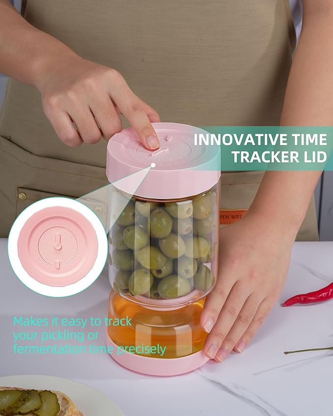 ZENS Pickle Jar with Strainer Flip, 37 oz Hourglass Pickle Juice Separator Container, Airtight Leakproof Lid, Dual Wet-Dry Design, Time Tracker Lid – 2 Pack Olive & Kimchi Jars