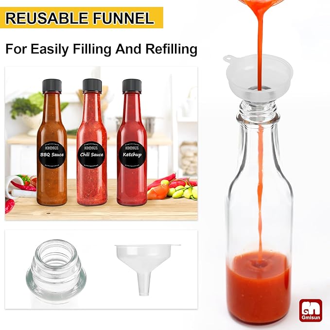 gmisun Hot Sauce Bottles 5 oz, 24 Pack Vanilla Extract Bottles with Shrink Capsules, Glass Woozy Bottle with Labels, Funnel, Caps, Dripper Inserts, for Homemade Hot Sauces, Dressing