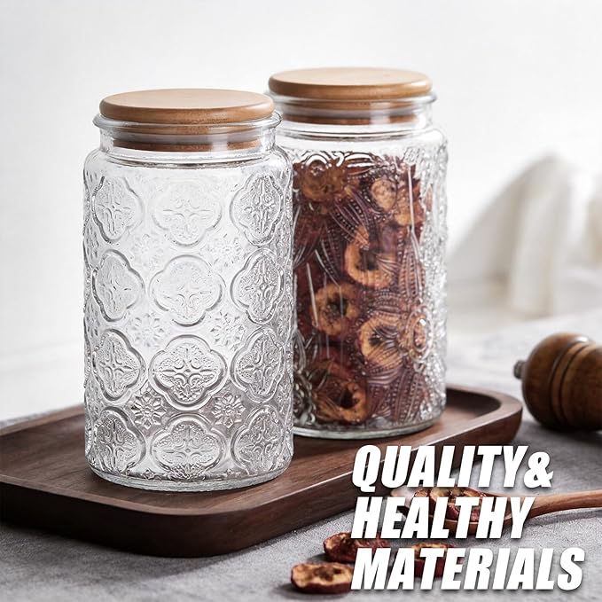 BEWAVE Vintage Glass Jar, 2 Pack, 32oz Food Storage Containers Clear Mason Jars With Airtight Lid for Kitchen Counter, Coffee, Tea, Sugar, Candy