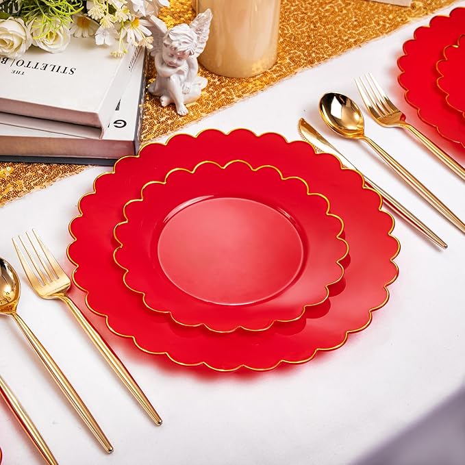 LIYH 60 Pcs Red Plastic Plates Disposable with Gold Edge Scalloped Red Gold Disposable Plates Includes 30 Dessert & 30 Dinner Plate Dishes Tableware for Party Memorial Day,Independence Day