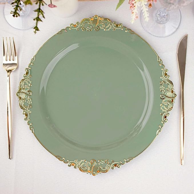 Efavormart 10 Pack | 10" Dusty Sage and Gold Baroque Dinner Plates, Leaf Embossed Metallic Rim Heavy Duty Serving Plates for Greenhouse Events