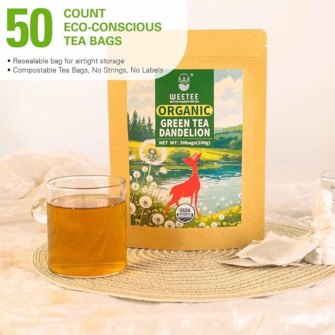WT WEETEE Organic Green Tea Dandelion, Made of Organic Roasted Dandelion Root and Green Tea, 50 Tea Bags, Rich in Antioxidants & Liver Support