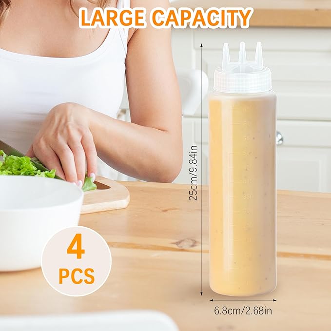 4 PCS 22 oz Plastic Squeeze Bottles For Sauces, Condiment Squeeze Bottles with 3 Holes, Sauce Squeeze Bottle, Suitable for Ketchup, Salad Dressing, Sauce, Condiments, Oil, Honey