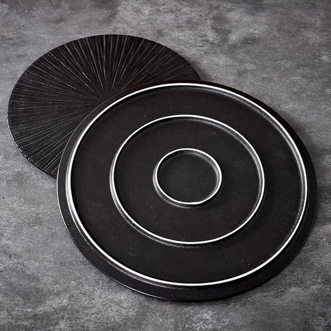 Round Flat Ceramic Serving Plate and Dinner Plate, 2 Pieces Set, 12" & 10" Plates, Elevate Dining Experience (Black, Ray 12" & 10")