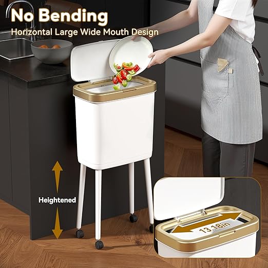 Procade Gold Bathroom Trash Can with Lid,15L Large Capacity Narrow Waste Basket with Pop-Up Lid,Covered White Office Trashcans for Near Desk,Plastic Garbage Bin for Kitchen,Bedroom,Dorm