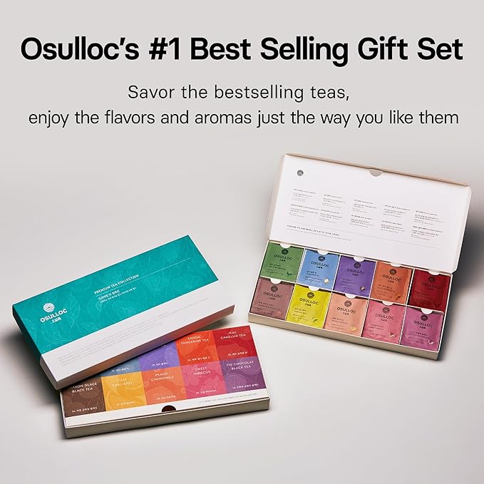 OSULLOC Premium Tea Collection (40 count, 10 flavors x 4 ea), Mothers Day Gifts, Self Care Sampler Gift Box Variety Pack, Premium Organic Pure & Blended Tea from Jeju