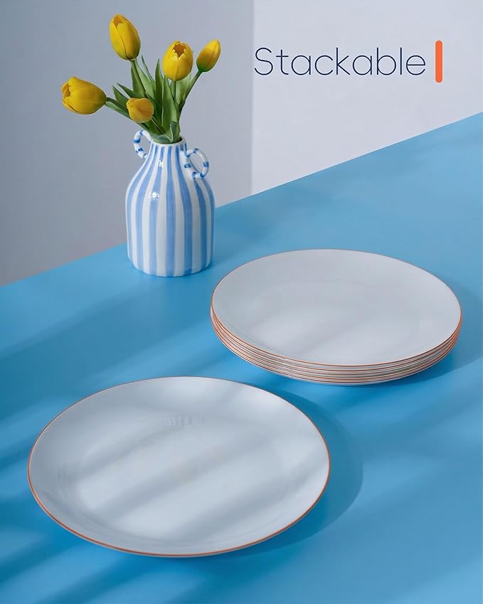 LaGlint 10.5 inch Dinner Plate Set of 6, Lightweight Round Opal Glass Dinnerware Plates, Dishwasher and Microwave Safe, Hand Painted Orange Rim