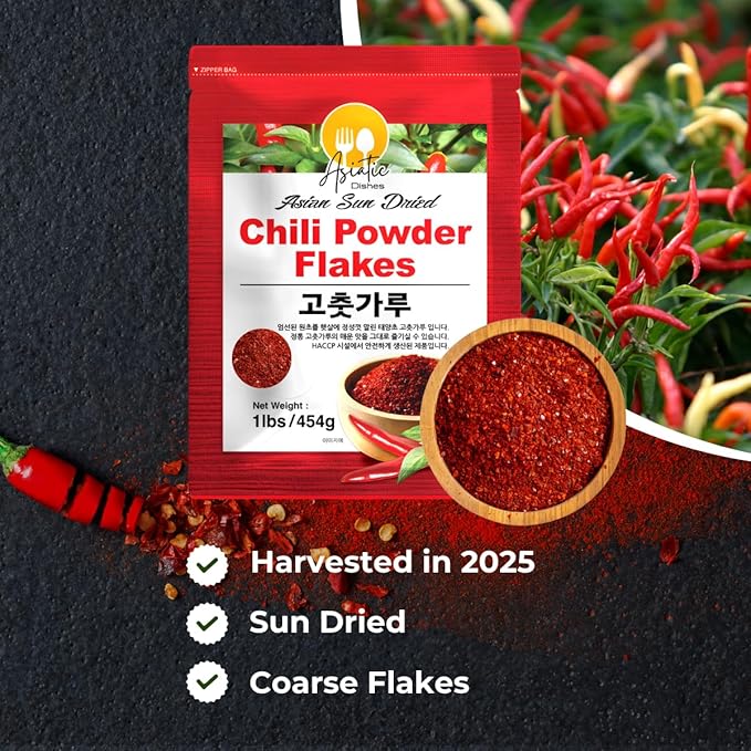 Korean Gochugaru Red Pepper Flakes, 1 LB – Sun-Dried Coarse Chili Powder for Kimchi, Jjigae, Korean BBQ & Stir-Fry – 100% Pure, No Additives, Mild-to-Medium Heat (4,500–10,000 SHU) – Resealable Pouch