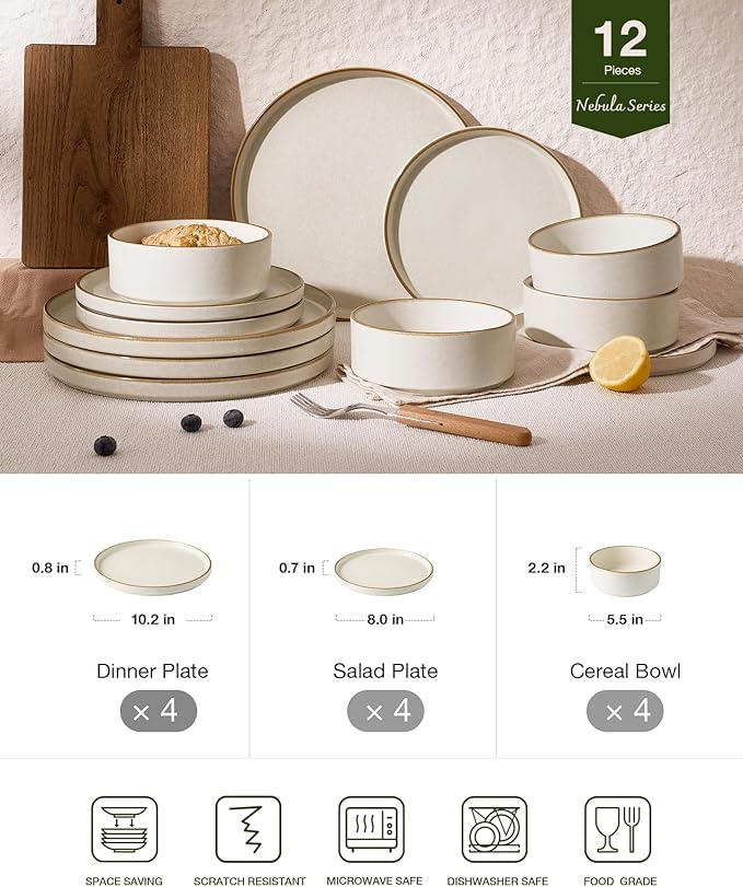 Famiware Nebula Plates and Bowls Sets, 12 Pieces Stoneware Dinnerware Sets, Reactive Glaze Dish Set, Dishes Set for 4, Matte Beige White with Brown Rim