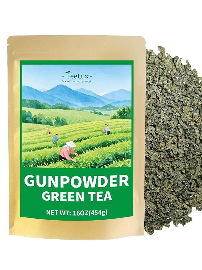 TeeLux Gunpowder Green Tea Loose Leaf, Mellow & Smooth Taste, High Mountain Green Tea with Roasted Aroma, 16oz