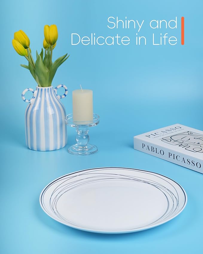 LaGlint 10.5 inch Dinner Plate Set of 6, Lightweight Round Opal Glass Dinnerware Plates, Dishwasher and Microwave Safe, Blue Modern Geometric Design