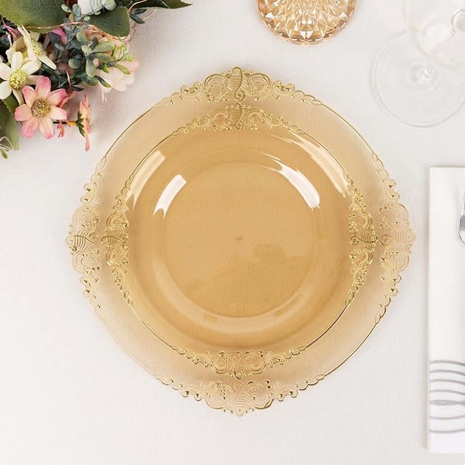 Efavormart 10 Pack | 8" Translucent Gold Baroque Dessert Plates, Leaf Embossed Metallic Rim Shatterproof Appetizer Plates for Festive Cocktail Hours