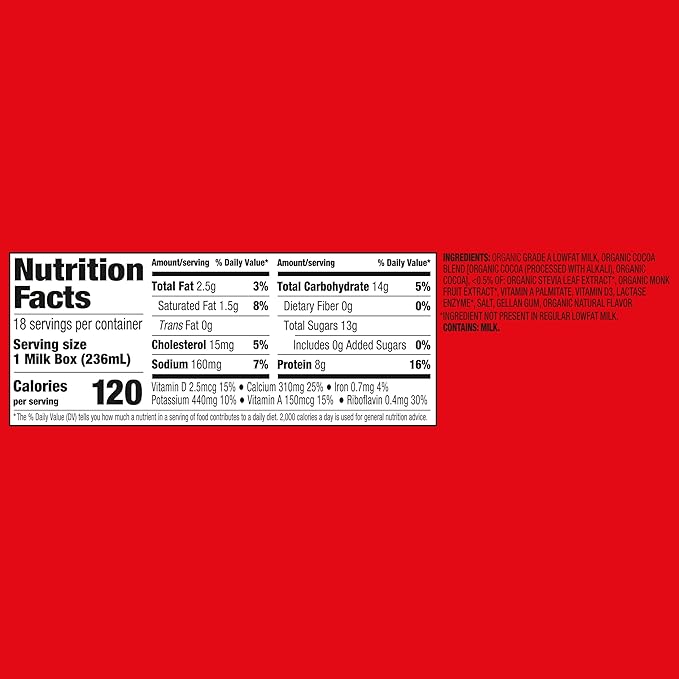 NEW Horizon Organic Shelf Stable No Added Sugar Lactose Free 1% Lowfat Chocolate Milk Boxes, Pack of 18-8g Protein per Serving