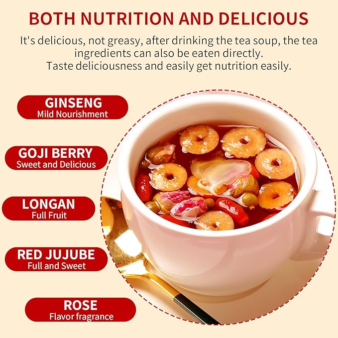 Hee Creek Ginseng Longan Red Date Tea 10.58oz / 20 Count Wolfberry Jujube Rose Herbal Blends Women Energy Tea for Cold Hands and Feet, Period Care, Warming, Nourishing, Caffeine Free 人参桂圆红枣茶 女人茶 女神茶