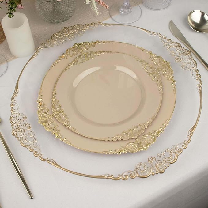 Efavormart 10 Pack | 10" Taupe and Gold Baroque Dinner Plates, Leaf Embossed Metallic Rim Heavy Duty Serving Plates for Neutral Organic Weddings
