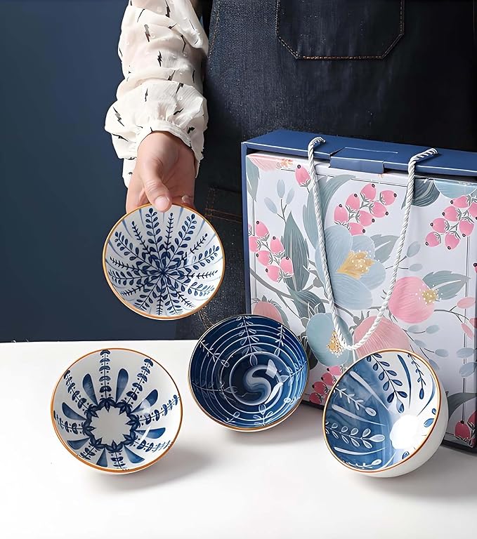Ceramic Plates and Bowls Set, Japanese Style Dinnerware Set with Gift Box - Blue and White - 4 Rice Bowls and 2 Pasta Bowls - Kitchen Gifts for Women