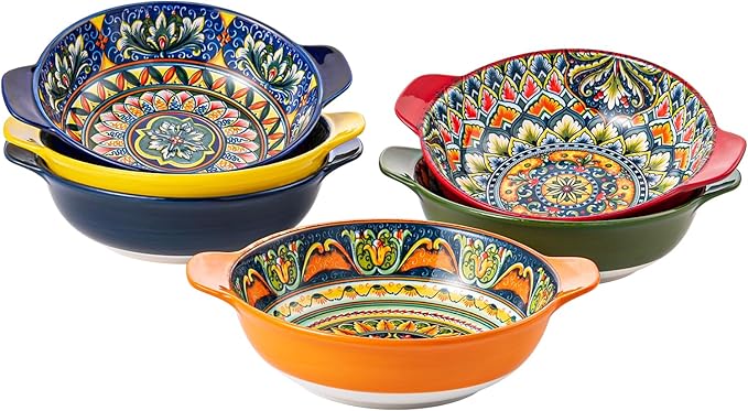 Henten Home Ceramic Cereal Bowls Set，25 oz Soup Bowls Set of 6, Colorful Serving Bowl with Handle for Kitchen, Microwave & Dishwasher Safe for Soup, Fruit, Pasta, Bohemian Style